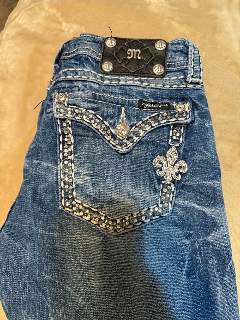 Miss Me Blue Bootcut Jeans with Crystal Fleur Pocket